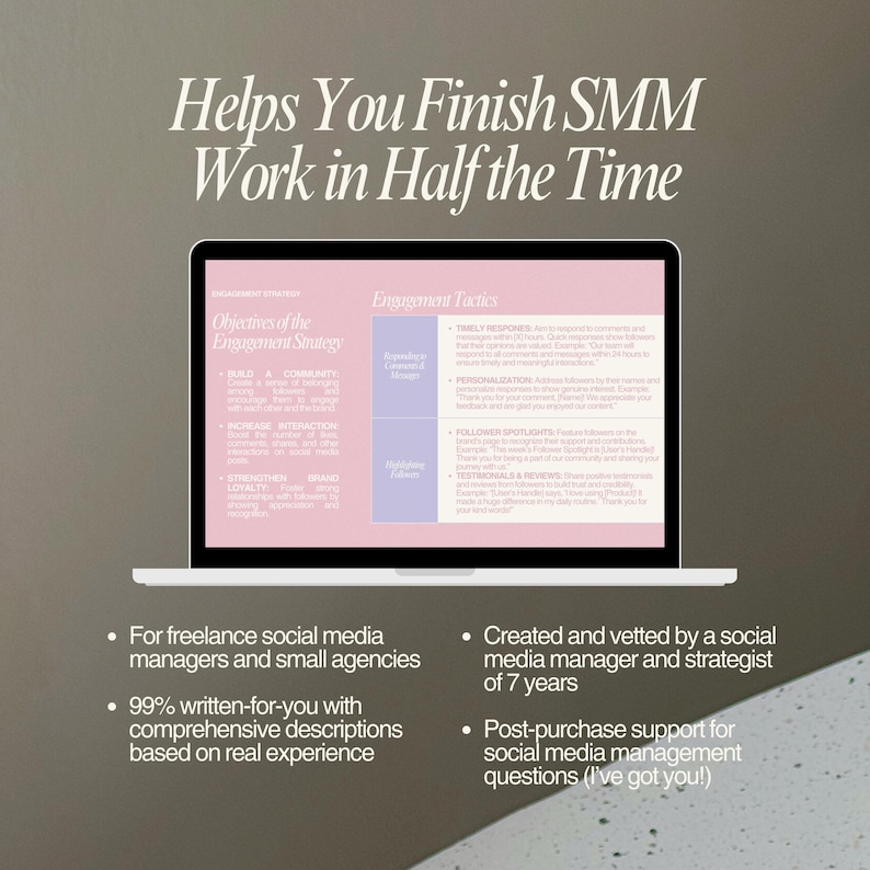May include: A laptop displays a pink and white presentation on social media engagement strategies. Text on the screen includes "Engagement Tactics" and "Objectives of the Engagement Strategy." Additional text states the product is for social media managers.