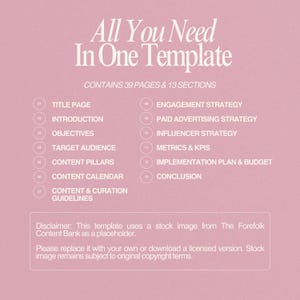 May include: A pink template titled "All You Need In One Template" with white text. It contains 39 pages and 13 sections, including a title page, introduction, objectives, target audience, content pillars, and content calendar. A disclaimer is at the bottom.