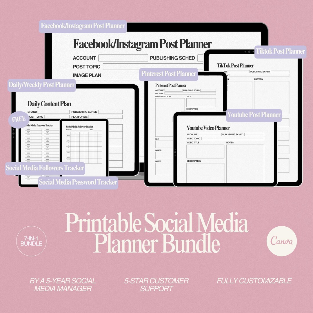 Social Media Printable Template Bundle Social Media Planner Printable