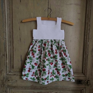 3 year old girl&#39;s dress / crochet and fabric girl&#39;s dress / strawberry patterned girl&#39;s fabric dress
