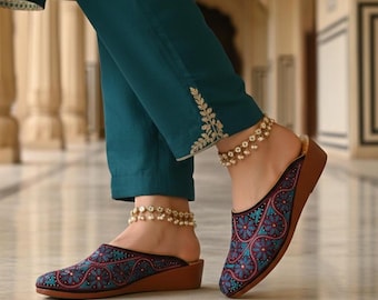 Handmade Turquoise Burgundy Silk Thread & Zari Embroidered Floral Black Velvet Leather Heeled Mules