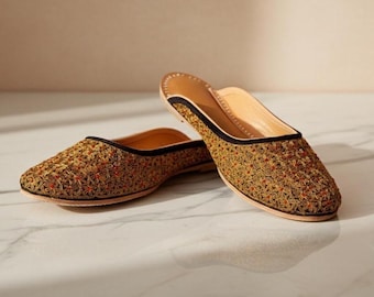 Handmade Golden Zari & Maroon Silk Thread Embroidered Black Velvet Leather Flat Mules