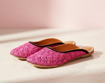Handmade Pink Silk Thread & Golden Zari Embroidered Black Velvet Leather Flat Mules