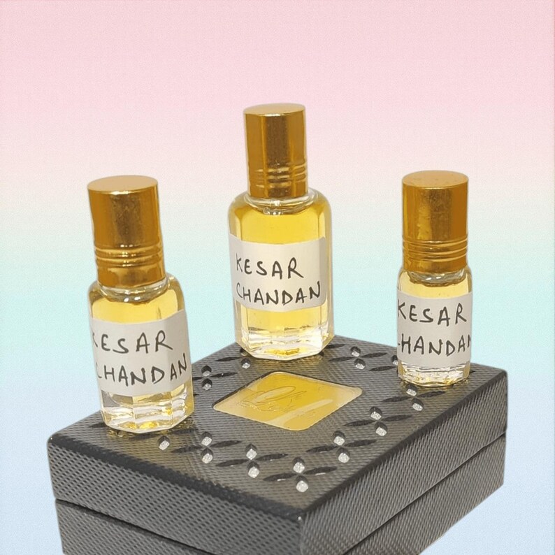 Close-up of alcohol-free Kesar Chandan perfume oil for men and women