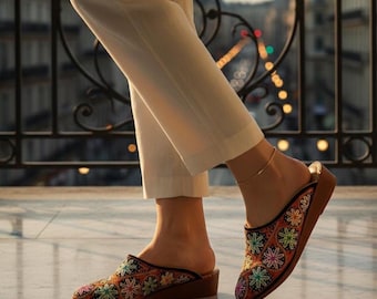 Handmade Starburst Multicolor Silk Thread & Zari Embroidered Black Velvet Leather Heeled Mules