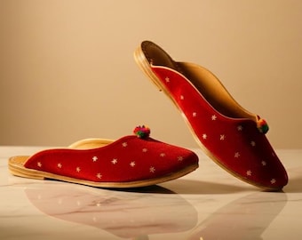 Handmade Golden Zari Star Embroidered Red Velvet Leather Flat Mules with Pom-Pom Balls