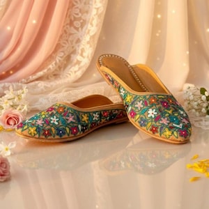 Handmade Multicolor Silk Thread Floral Embroidered Brown Velvet Leather Flat Mules