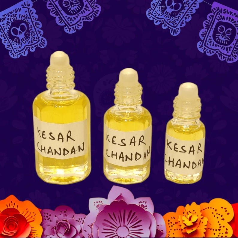 Woody and spicy saffron sandalwood attar with saffron flower beside the bottle