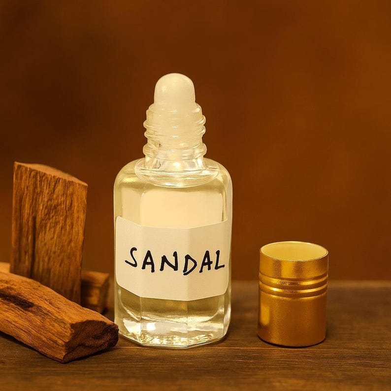 Handmade sandal attar perfume oil, alcohol-free and long-lasting, displayed with sandalwood bark