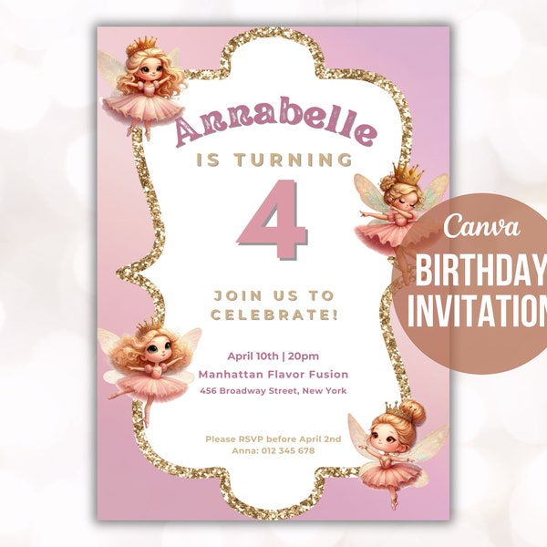 EDITABLE Fairy ballerina birthday invitation | Fairy ballerina invitation with golden frame | Canva template