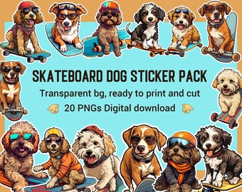 Conjunto de pegatinas para perros de skate - 20 PNG, impresión, corte y descarga digital