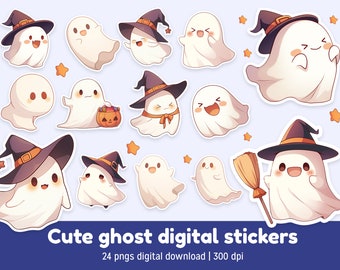 Lindo paquete de imágenes PNG de fantasmas de Halloween, 24 imágenes PNG para descarga digital