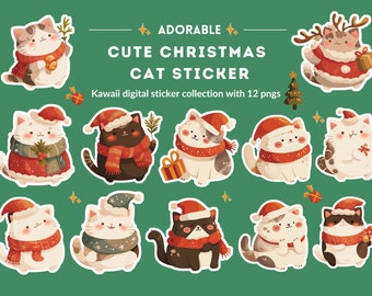 Paquete de pegatinas con temática navideña de gatos adorables: 12 PNG kawaii, descarga digital e imprimible