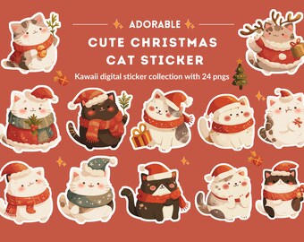 Paquete de pegatinas navideñas de gatos kawaii: 24 lindos PNG, descarga digital e imprimible