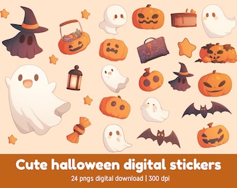 Kawaii spök-halloween-klistermärkesset med 24 png-bilder för digital nedladdning