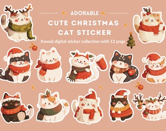 Pegatinas lindas de gato de Papá Noel: 12 PNG kawaii, descarga digital e imprimible