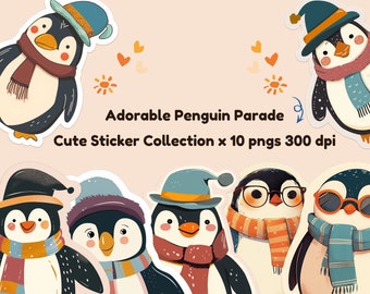 Lindo conjunto de pegatinas digitales Penguin Parade - 10 lindas pegatinas imprimibles digitales PNG Penguin para planificadores, diarios y redes sociales y más