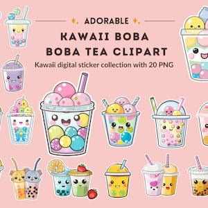 Kawaii Boba Tea Clipart Bundle Collection | Cute, Colorful, Smiling Bubble Tea PNGs