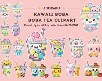 Colección de imágenes prediseñadas de té Boba Kawaii / Imágenes PNG de té de burbujas lindas, coloridas y sonrientes
