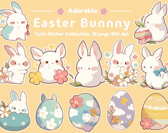 Conjunto de pegatinas de conejito de Pascua - 12 PNG Kawaii, impresión y corte y descarga digital