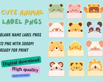 Lindos PNG de etiquetas imprimibles de animales para descarga digital: buenos para proyectos de regreso a la escuela, pegatinas de planificador, obsequios de fiesta y etiquetas de nombre de niño