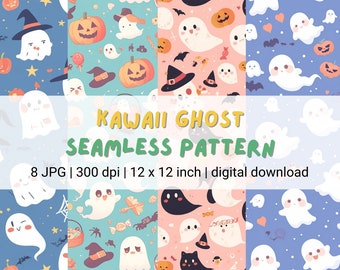Kawaii halloween ghost seamless instant download pattern with hand-drawn designs, perfect for crafting projects, printable digital paper