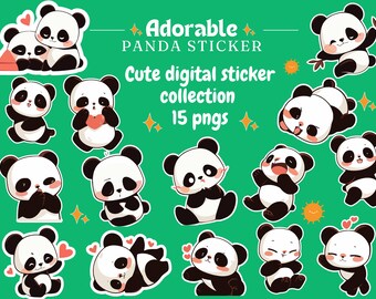 Bonito juego de pegatinas de panda: 15 PNG, para imprimir y cortar