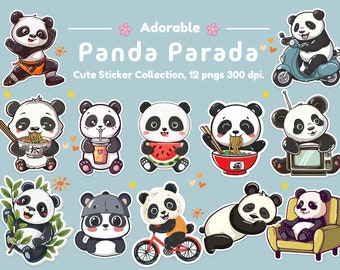 Paquete de pegatinas Kawaii Panda - Cute Panda PNGs, imprimible y descarga digital