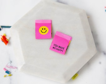 Happy Faces - Original Bright Pink - Pack of 8 Woven Sewing Labels