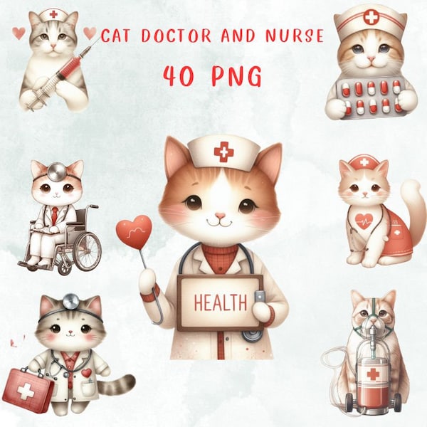 40 PNG Cat doctor and nurse, Clipart Bundle, Gift for kids, Kids Animals Clipart, Commercial Use