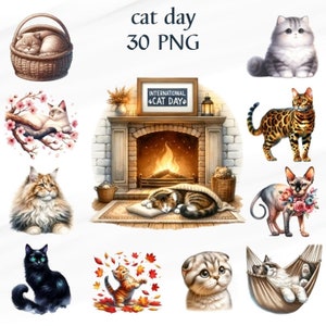 30 PNG Aquarell Katzentag Clipart, Süße Katzen Clipart, Kinderzimmer Clipart, Dekorationskarten, kommerzielle Nutzung