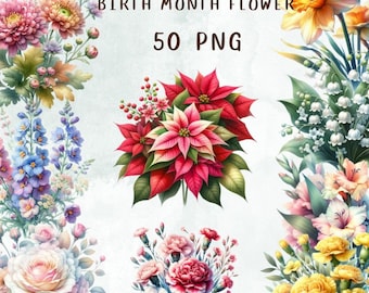 50 PNG Watercolor Birth Month Flower Clipart, Flower Clipart, Birth Flower,Vintage Floral, Commercial Use