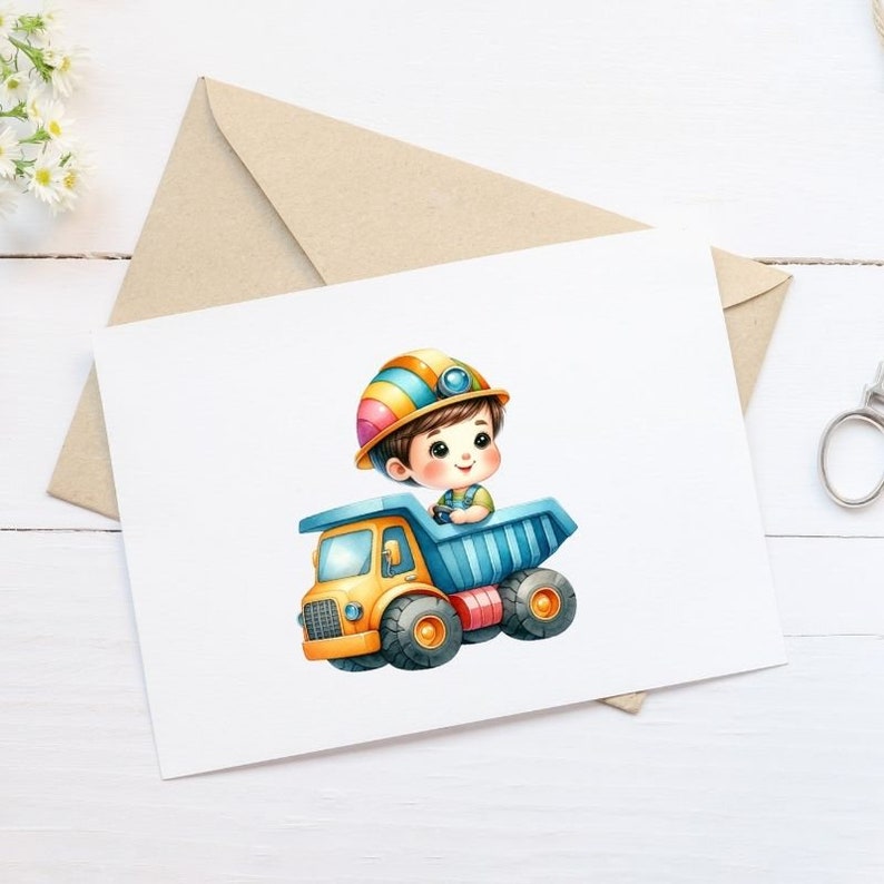 Pu&ograve; includere: Un'illustrazione di un bambino dei cartoni animati che indossa un casco da cantiere arcobaleno e guida un camioncino giocattolo giallo e blu.