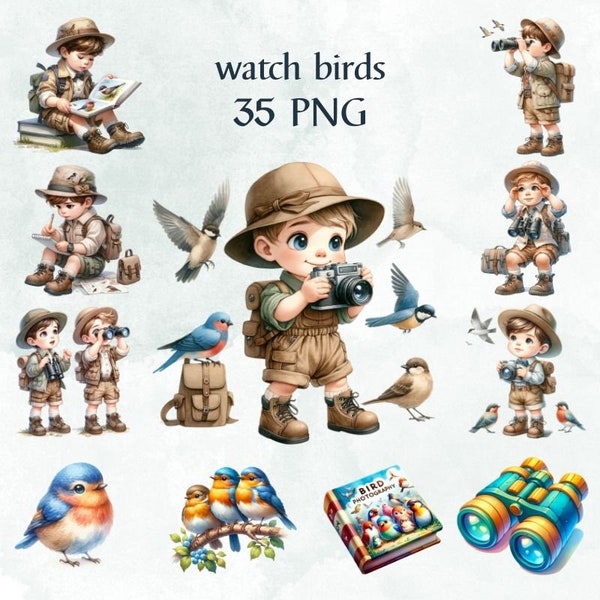 35 PNG  Bird Watching clipart  PNG sublimation,  watercolor clipart, cute baby boy , Commercial Use Use