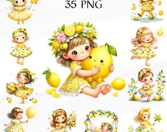 35 PNG bambina limone clipart PNG sublimazione, clipart acquerello, bambina carina, clipart asilo nido, uso commerciale