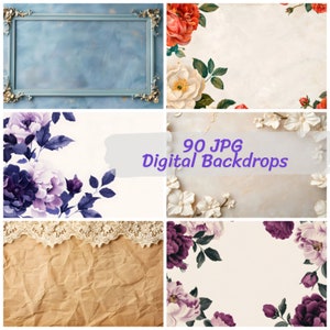 Cenários digitais de belas artes florais 90 JPG, pacote de cenário de fotografia digital para retratos, download instantâneo de fundos para uso comercial
