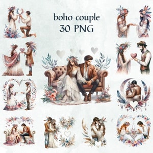 30 PNG boho couple, Clipart Bundle, romantic clipart, Valentine&#39;s Day Sweets,Couples Watercolor,Commercial Use