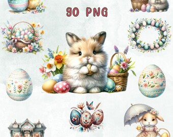 90 PNG  Watercolor Easter, Easter Bunny, Easter Bundle, Gift for kids, Vintage Easter Clipart, Commercial Use