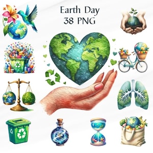38 PNG Earth Day Clipart, Erde Tag Aquarell Clipart, Globe Clipart, Recycling Clipart, kommerzielle Nutzung