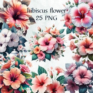 May include: A selection of watercolour hibiscus flower illustrations in various arrangements. The flowers are in shades of pink, red, and white, with green leaves. The text "hibiscus flower 25 PNG" is displayed at the top.