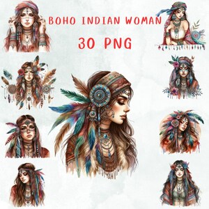 30 png-Indiaanse vrouw clipart, aquarel clipart, mooie boho meisjes commercieel gebruik