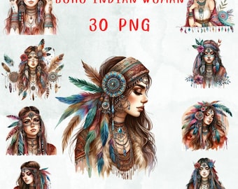 30 PNG Indianer Frau Clipart, Aquarell Clipart, schöne Boho Mädchen kommerzielle Nutzung