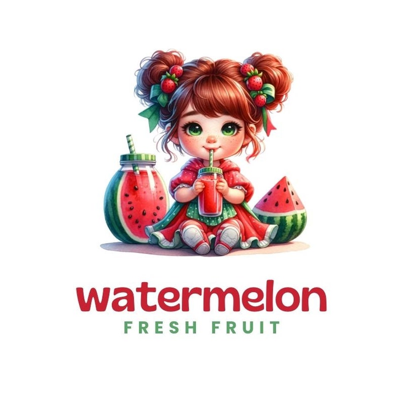 May include: A cartoon girl with red hair and a red dress is drinking watermelon juice from a glass jar. She is surrounded by watermelon slices and a jar of watermelon juice. The text "watermelon FRESH FRUIT" is below the image.