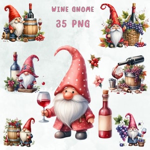 35 PNG Watercolor Wine Gnome, Clipart Bundle, White Wine clipart, Wine Barrel Celebration, Commercial Use