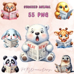55 PNG Schockiertes Tier, Clipart Bundle, Geschenk für Kinder, Kinder Tiere Clipart, süßes geschocktes Tier, kommerzielle Nutzung