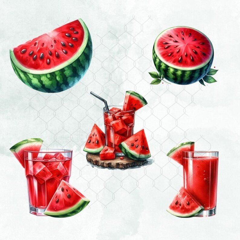 May include: Watermelon slices and watermelon juice in glasses. The watermelon is red and green with black seeds. The juice is a bright red color.