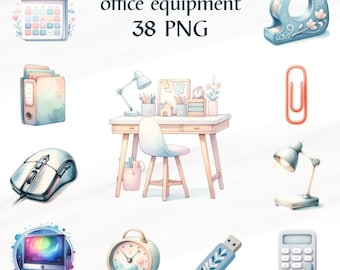 38 PNG Watercolor office equipment Clipart, Office Equipment,Office Supplies Clipart, Transparent Background Digital Download,Commercial Use