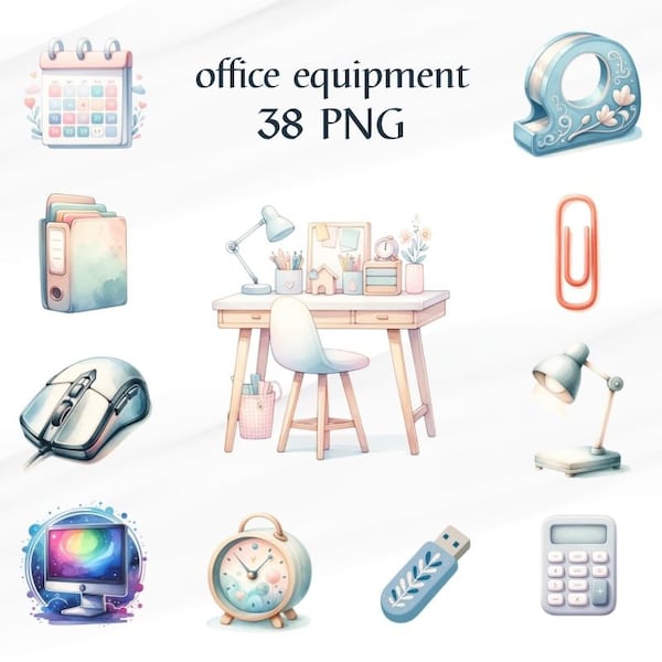 38 PNG Aquarell Büro Ausstattung Clipart, Büroausstattung, Bürobedarf Clipart, transparenten Hintergrund digitaler Download, kommerzielle Nutzung