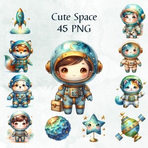 45 PNG Watercolor Cute Space Clipart, Watercolor Space clipart, cute astronaut png, planets png rockets PNG, Commercial Use