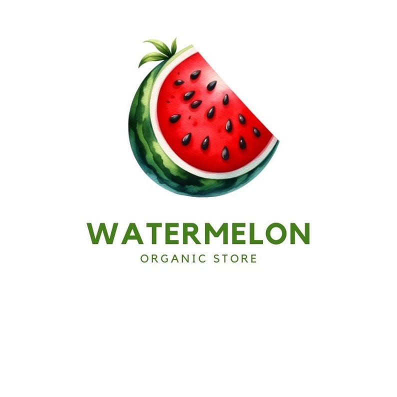 May include: A watercolor illustration of a slice of watermelon with green rind and black seeds. The text "WATERMELON ORGANIC STORE" is below the watermelon.
